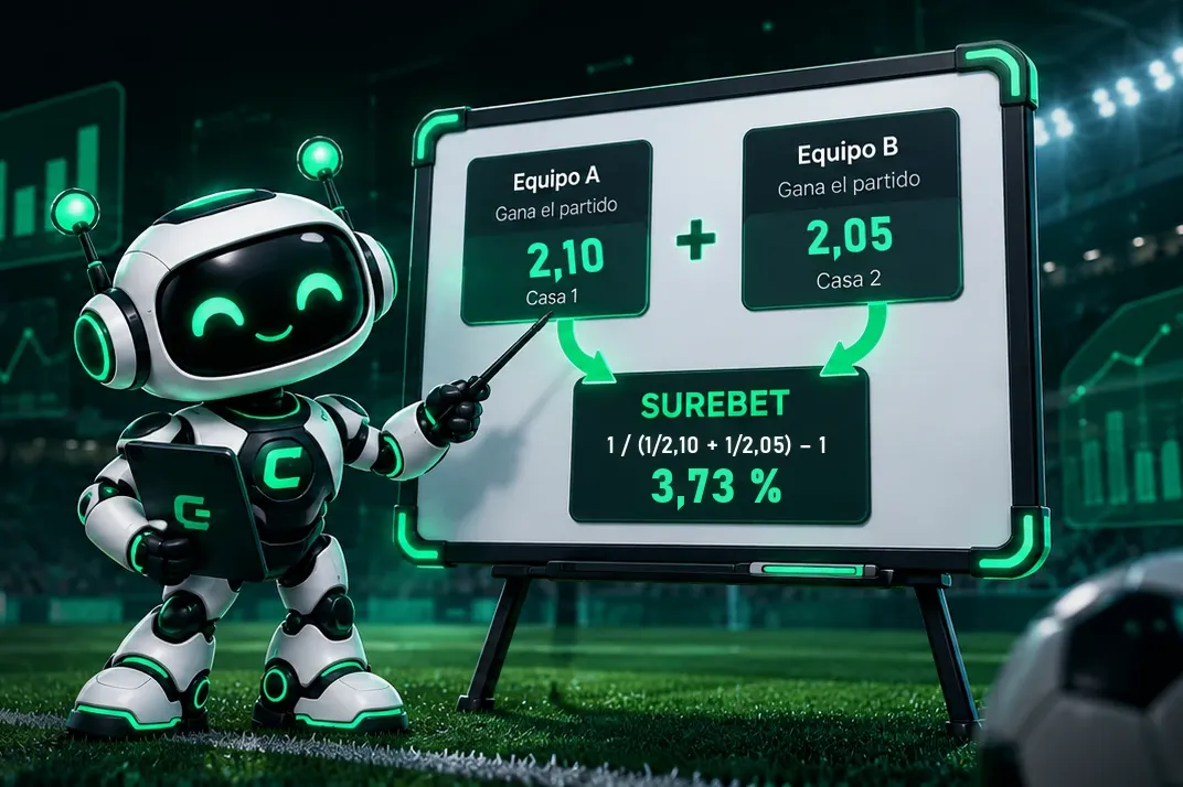 CuotaBot, la mascota del proyecto, explica en una pizarra un ejemplo de surebet: cuotas 2,10 y 2,05 en dos casas; beneficio sobre lo apostado = 1 / (1/2,10 + 1/2,05) – 1 = 3,73 %.