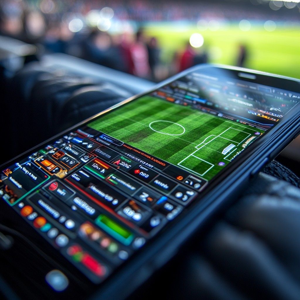 Smartphone con una aplicación de apuestas deportivas sobre la grada de un estadio de fútbol