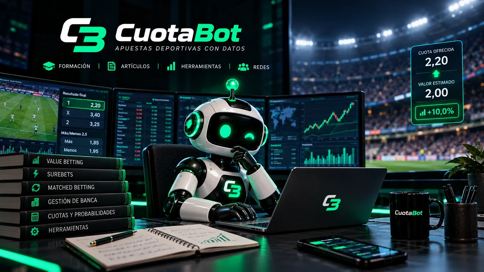 La mascota de CuotaBot en un escritorio de análisis con pantallas de cuotas, libros de value betting, surebets, matched betting y gestión de banca, y un estadio de fútbol al fondo